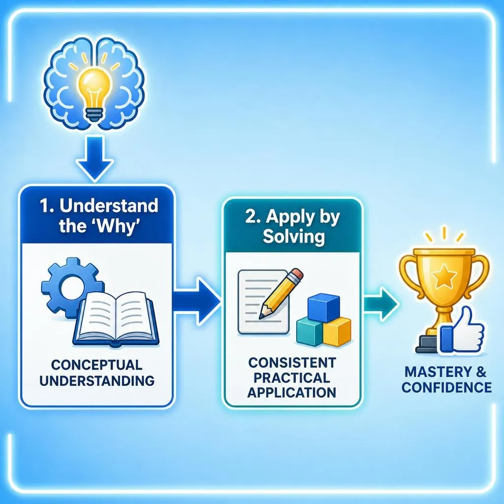 A two-step infographic showing the ideal learning flow for mathematics: Step 1 is "Understand the 'Why'" to gain "Conceptual Understanding," leading to Step 2, "Apply by Solving" for "Consistent Practical Application," resulting in Mastery and Confidence.