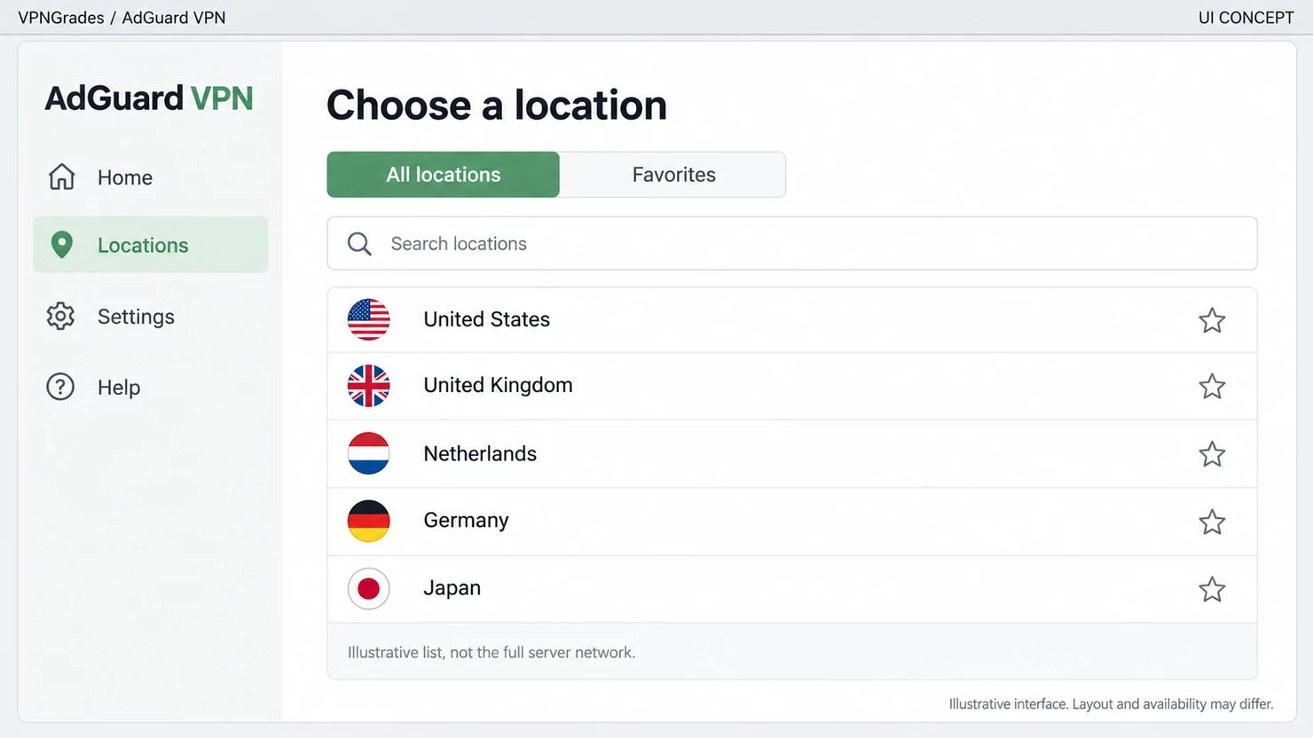 AdGuard VPN: a location picker concept (illustration).
