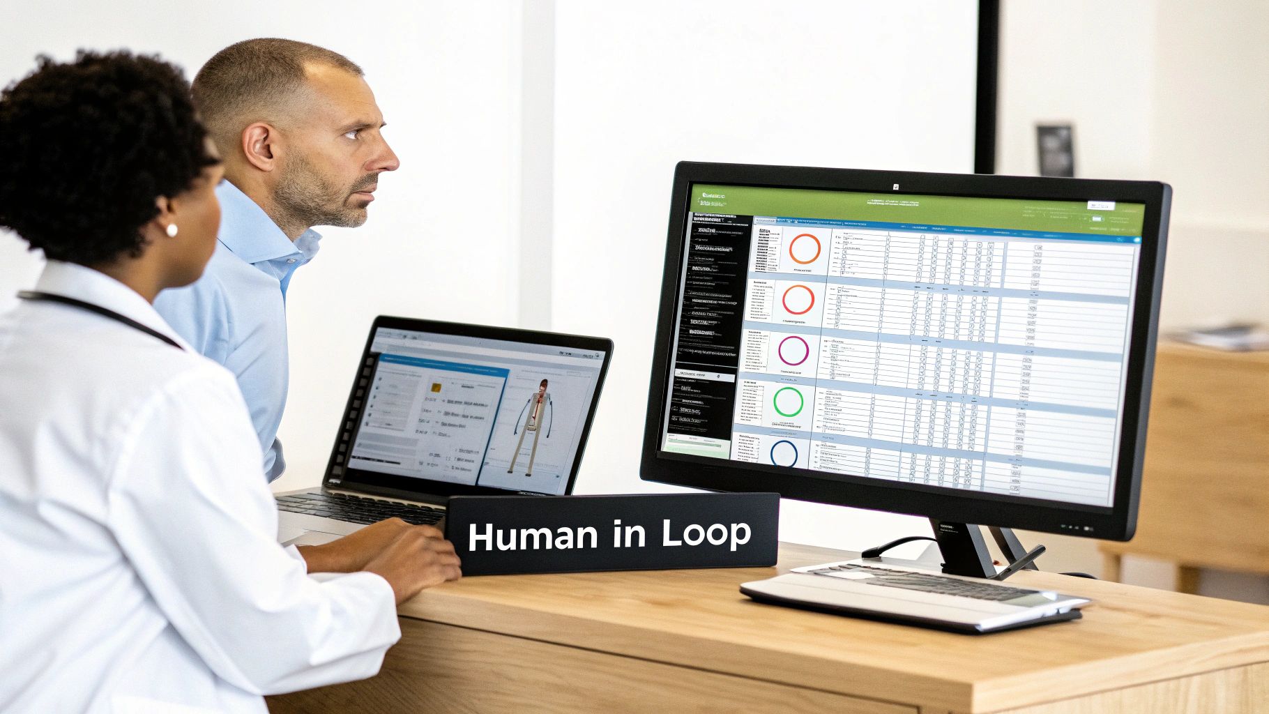 Two healthcare professionals reviewing medical data and AI insights on multiple computer screens, with a 'Human in Loop' sign.