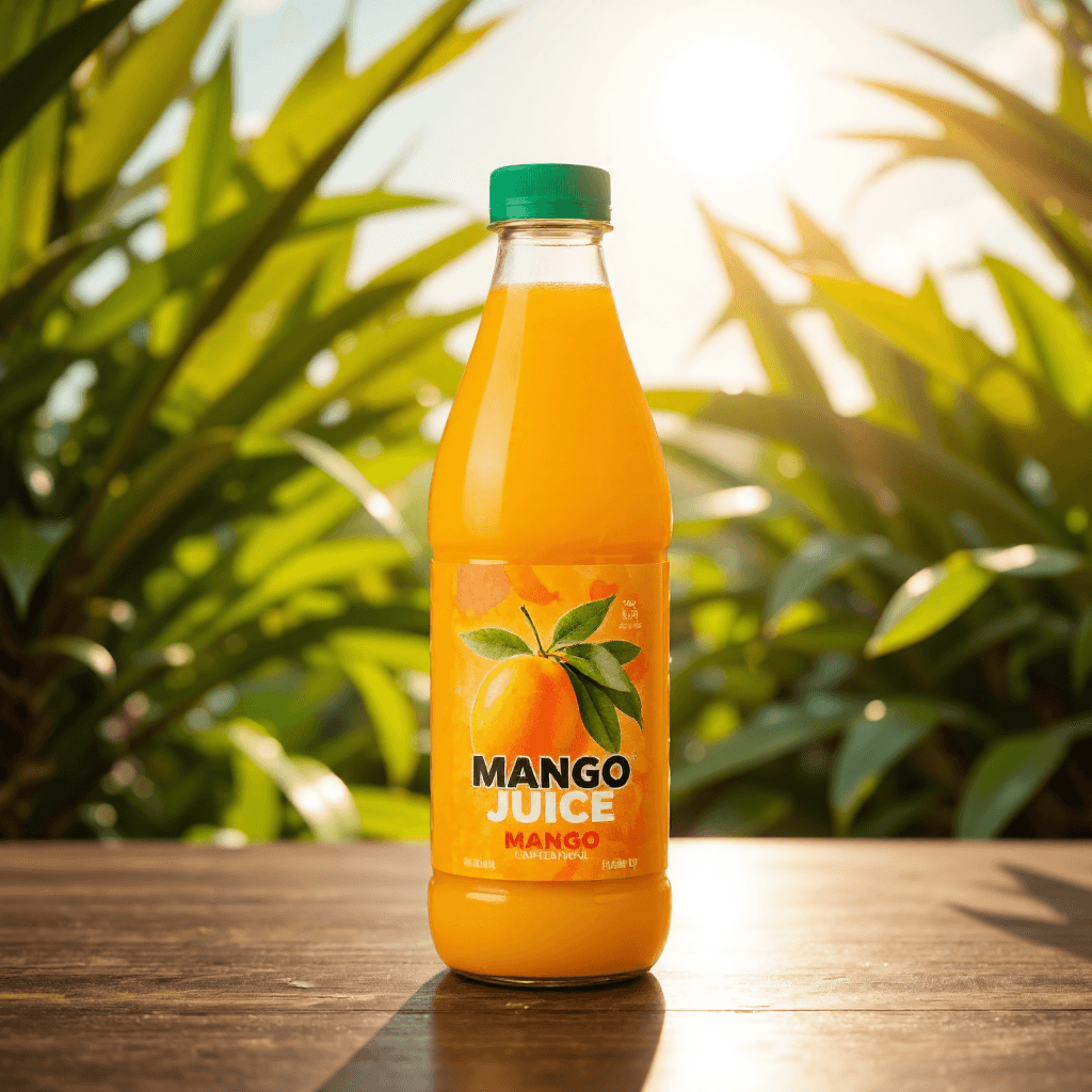product photography of a bottle of mango juice