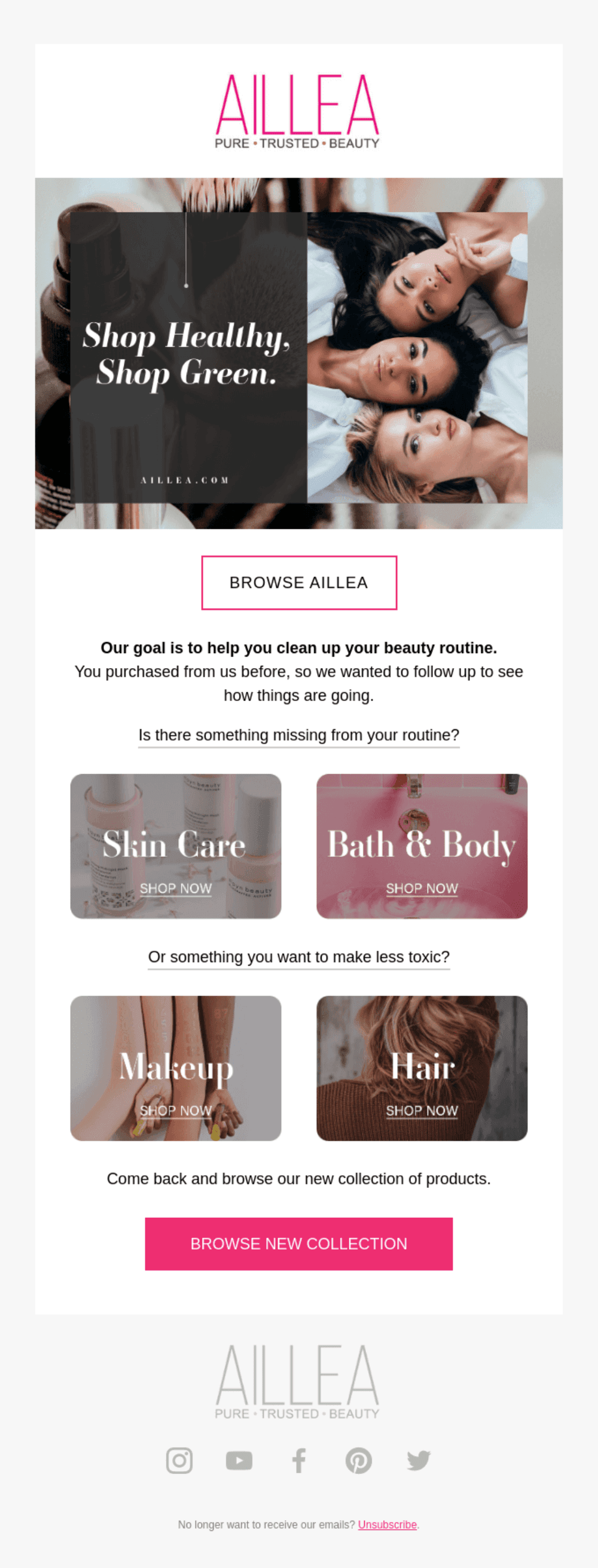 Re-engagement email from Aillea with the tagline 'Shop Healthy, Shop Green.' It offers categories such as Skin Care, Bath & Body, Makeup, and Hair with clickable 'Shop Now' buttons, encouraging customers to return and browse the new collection."