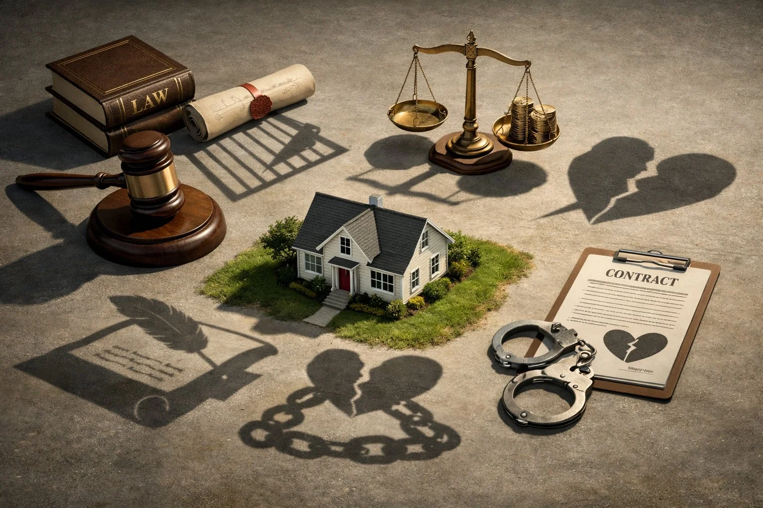 Single house surrounded by various legal tools, each casting a shadow to represent different tradeoffs or considerations.