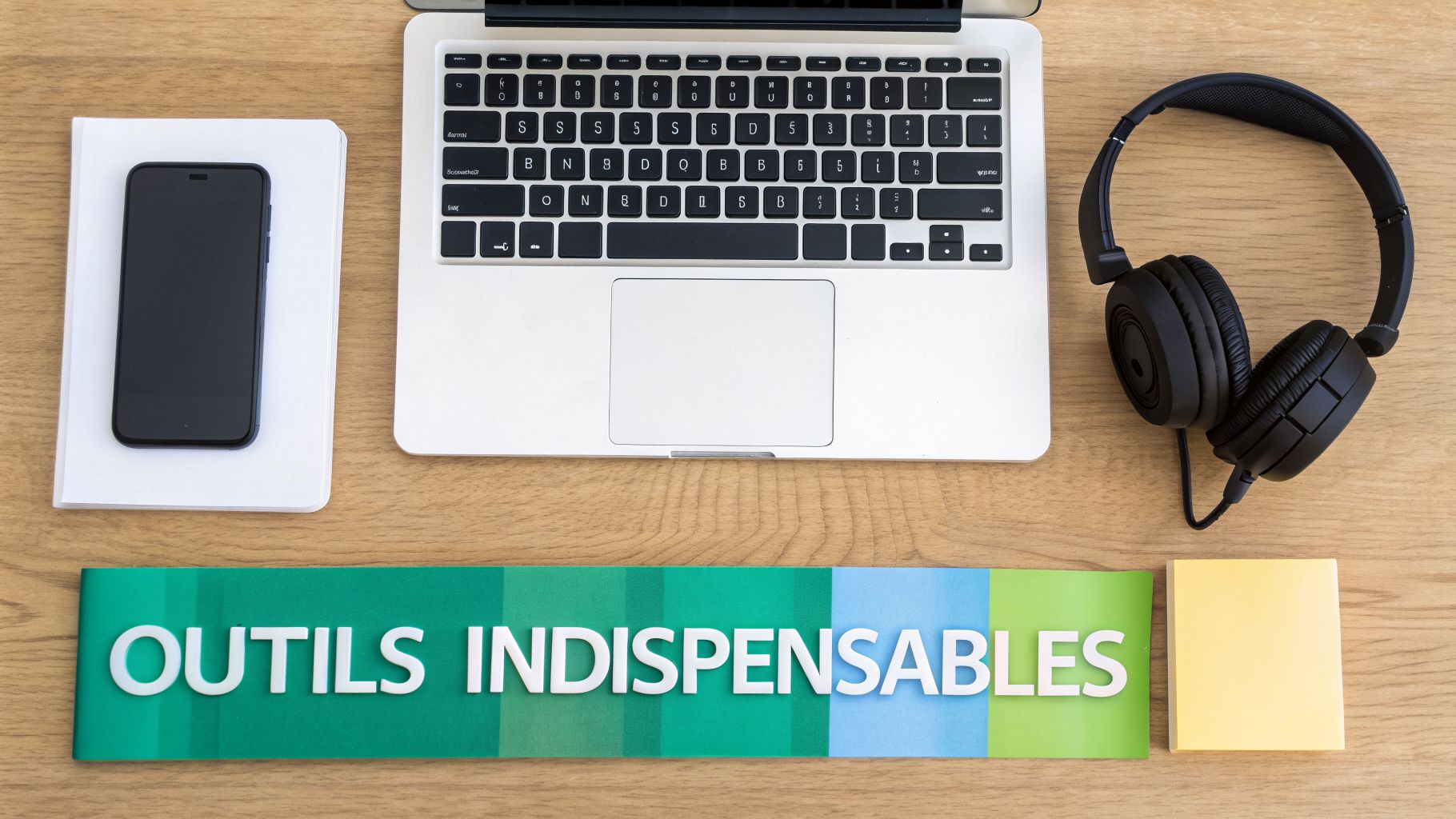 Vue de dessus d'un bureau en bois avec un ordinateur portable, un smartphone, des écouteurs et une pancarte « OUTILS INDISPENSABLES ».