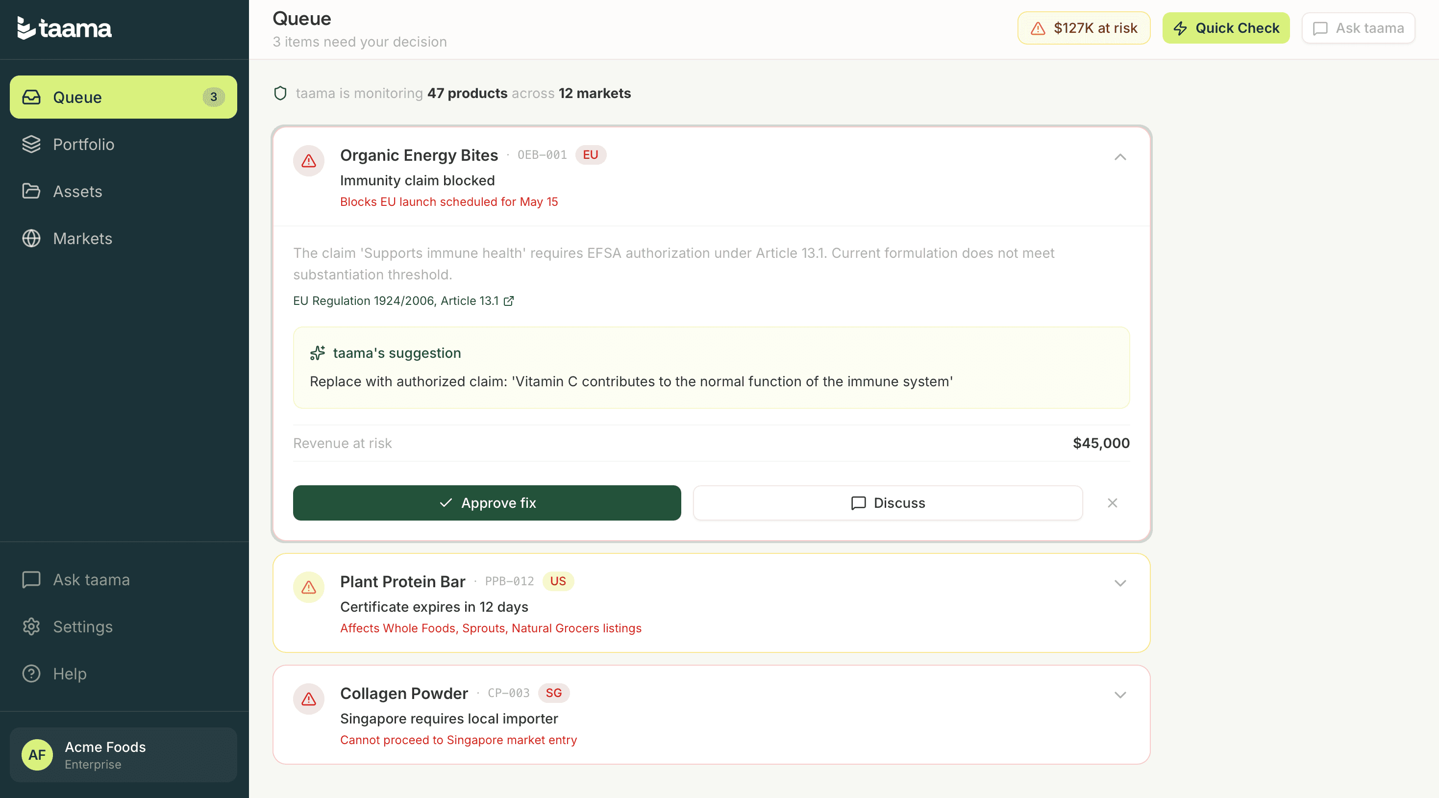 Dashboard showing a list of products and their compliance status with filtering options.
