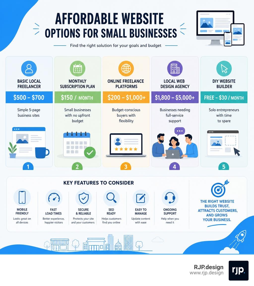 Infographic showing affordable website pricing tiers, options, and key features for small businesses infographic