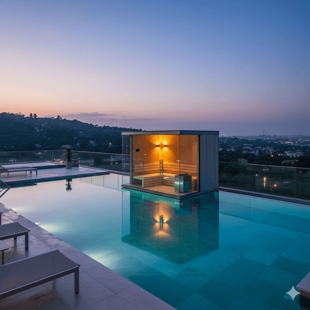 Resort-style scenic swimming pool area with a unique floating sauna structure, M3M Sector 79