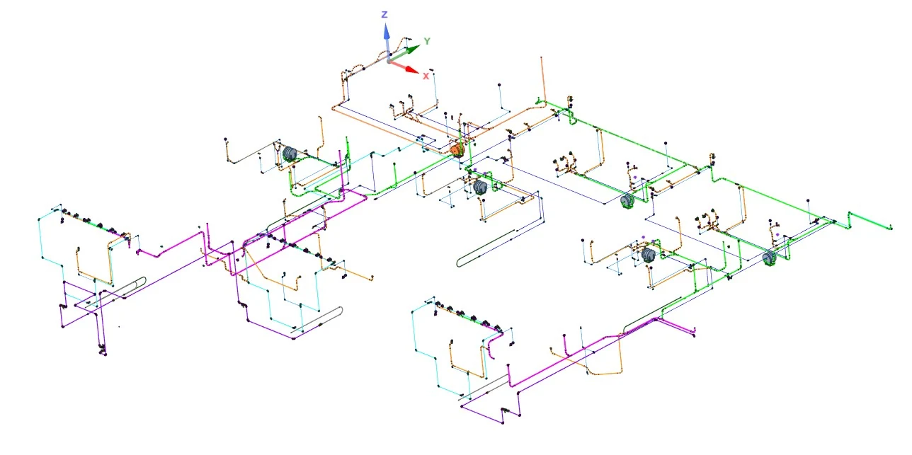Plan 3D du réseau d’aspiration industrielle : cheminement des gaines, points de captation et raccordements à la filtration.