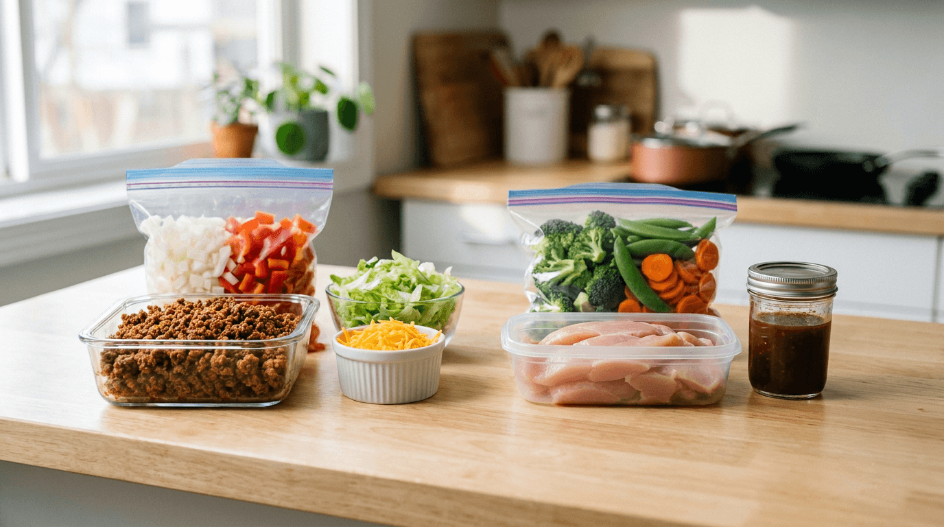 Two meal prep dinner kits for taco night and stir-fry on a kitchen counter