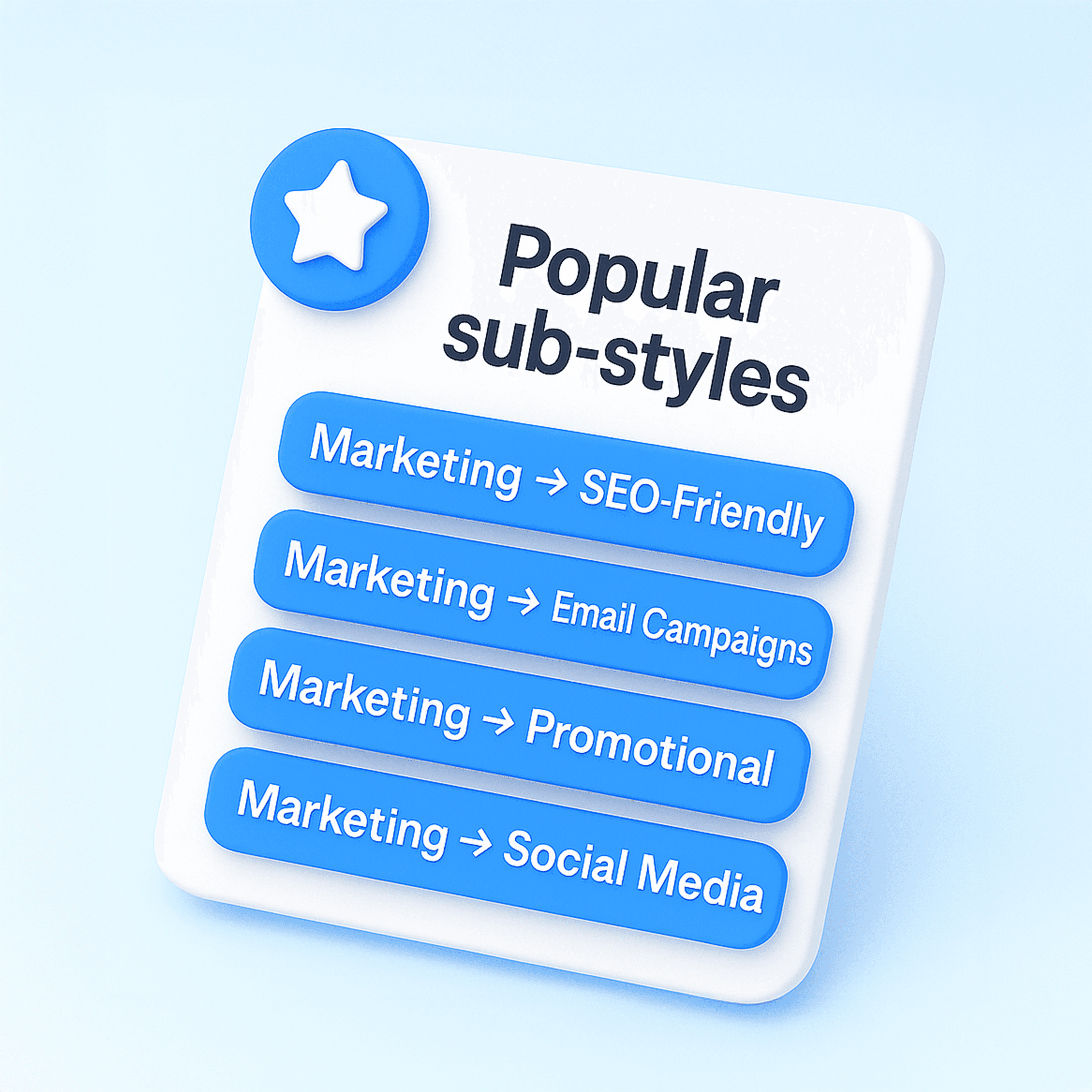 3D card-style illustration titled ‘Popular sub-styles’ with buttons for Legal → Contracts, Terms & Conditions, Privacy Policies, and Compliance Docs