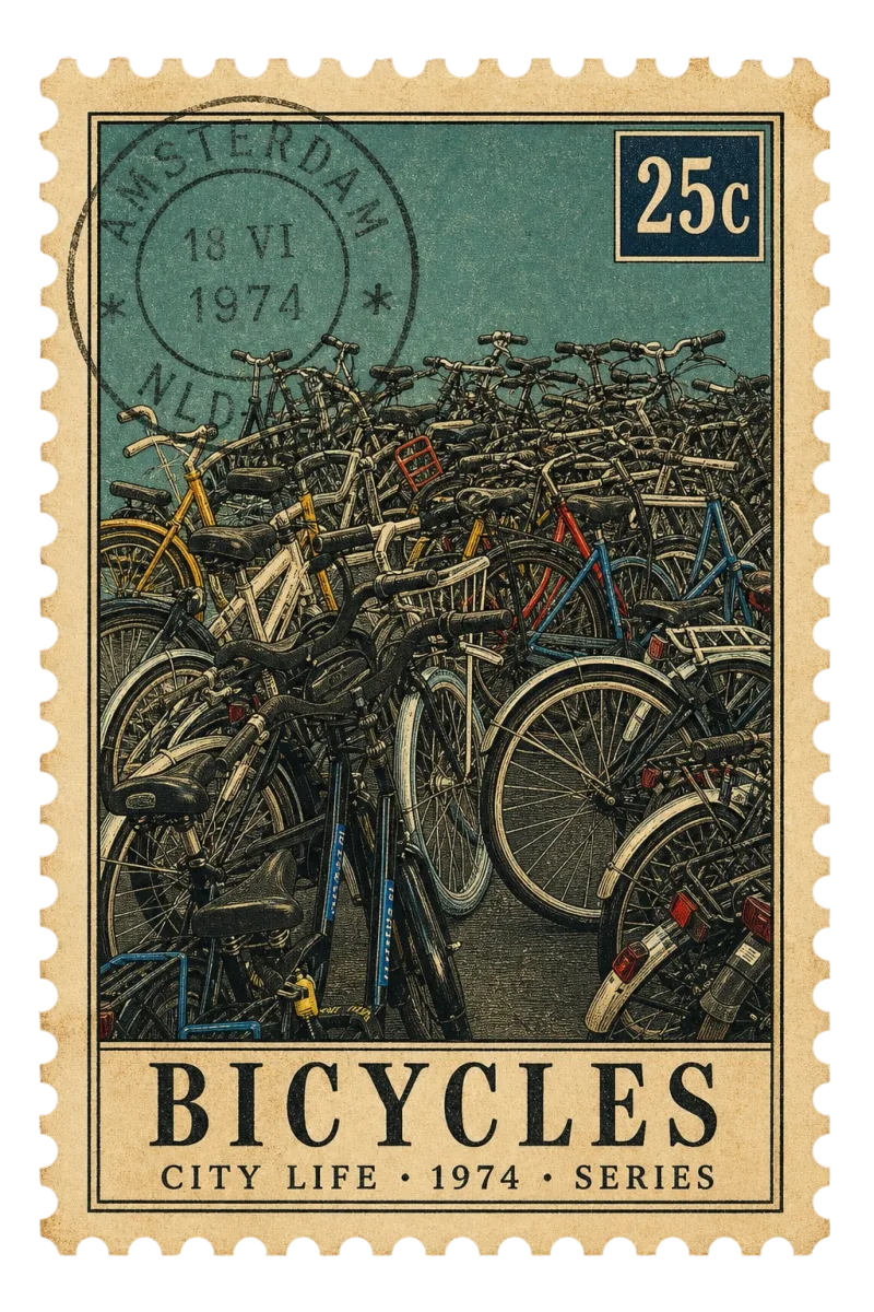 Vintage postage stamp of stacked bicycles in Amsterdam