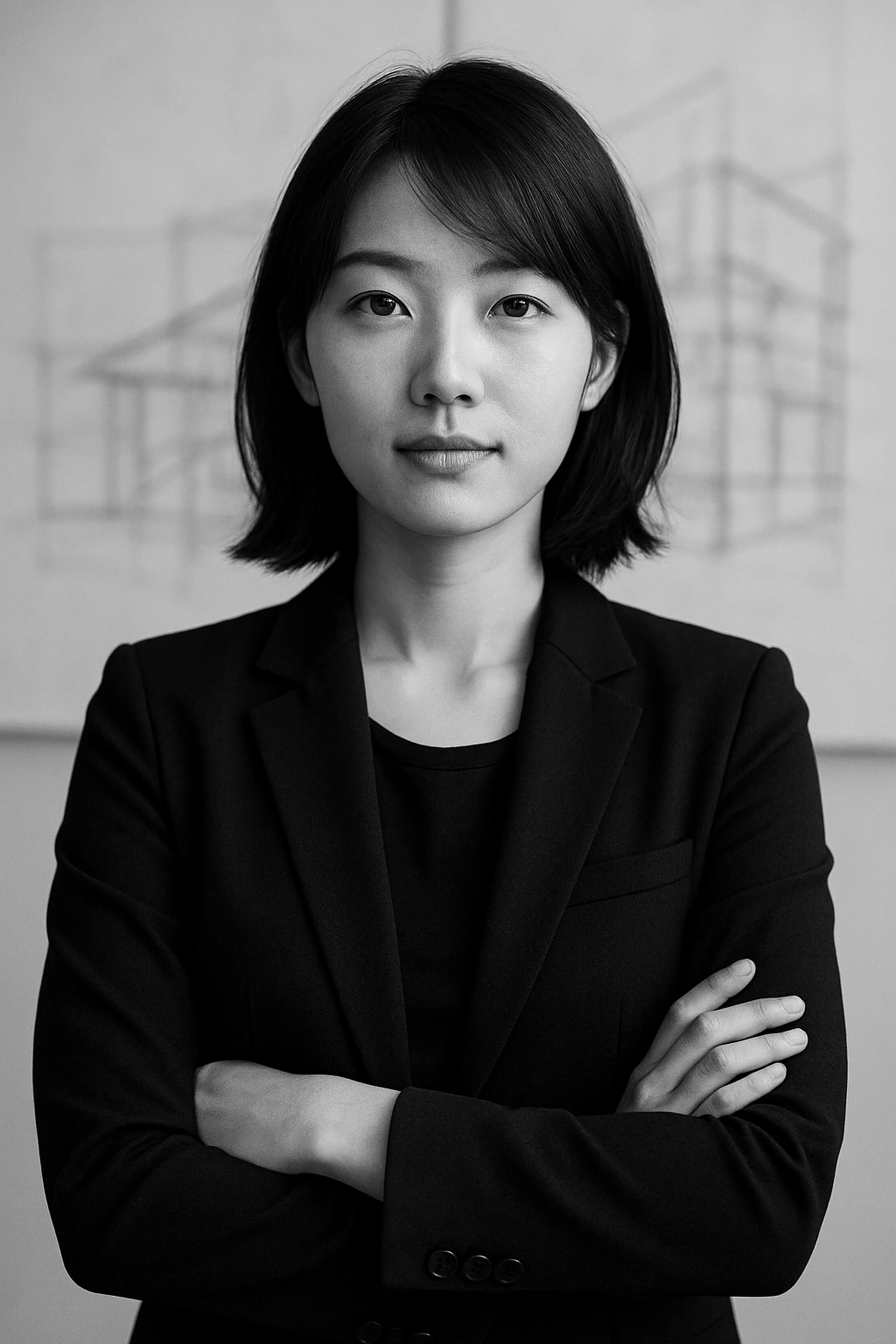 Black and white portrait of a young adult woman with straight, shoulder-length dark hair wearing a dark jacket