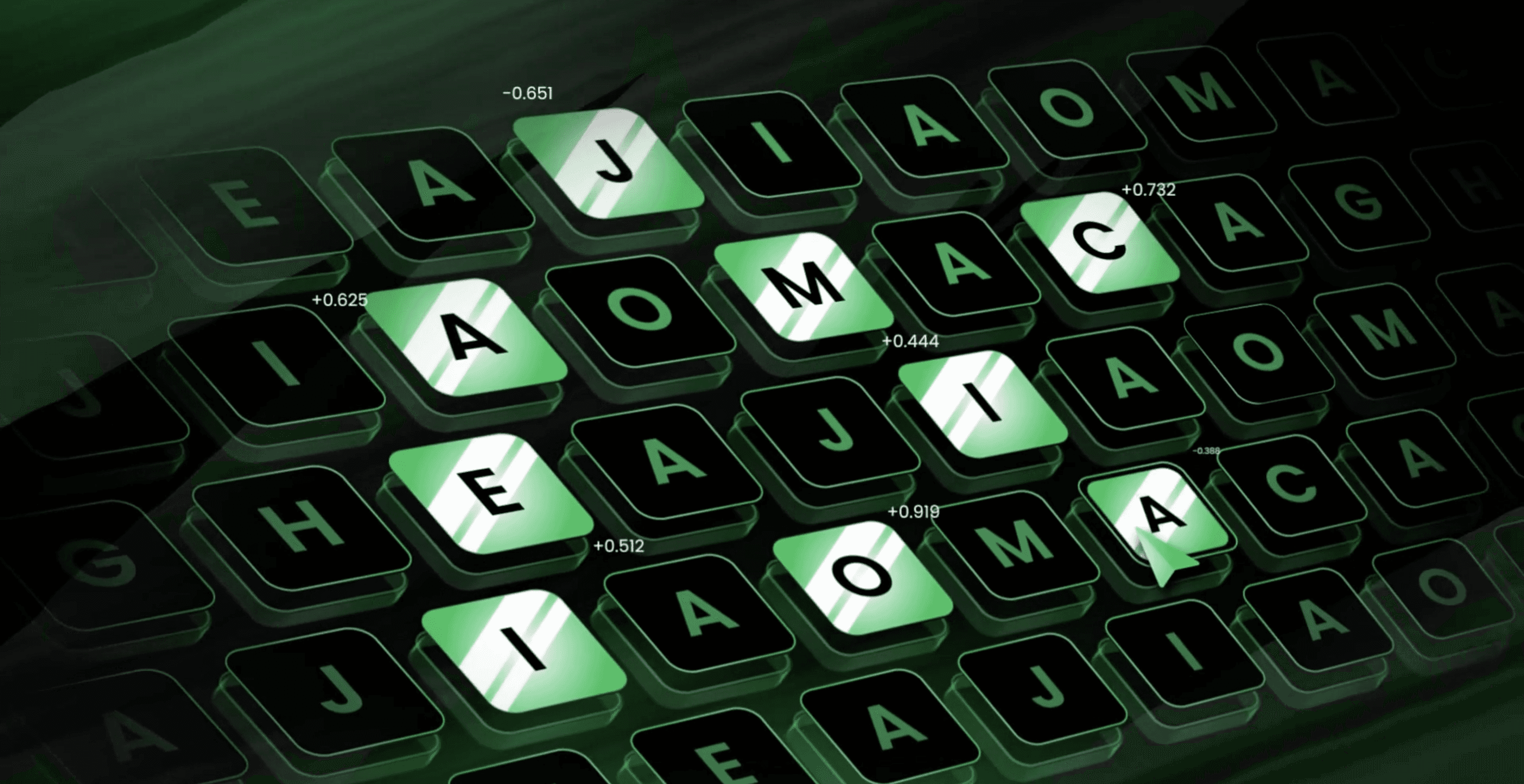 Stock picking algorithm visualized as a futuristic, green-lit stock picker with highlighted stocks labeled with letters and numerical momentum values, representing Prophet’s data-driven strategy for building a 10-stock portfolio using absolute and relative momentum to select top-performing stocks.