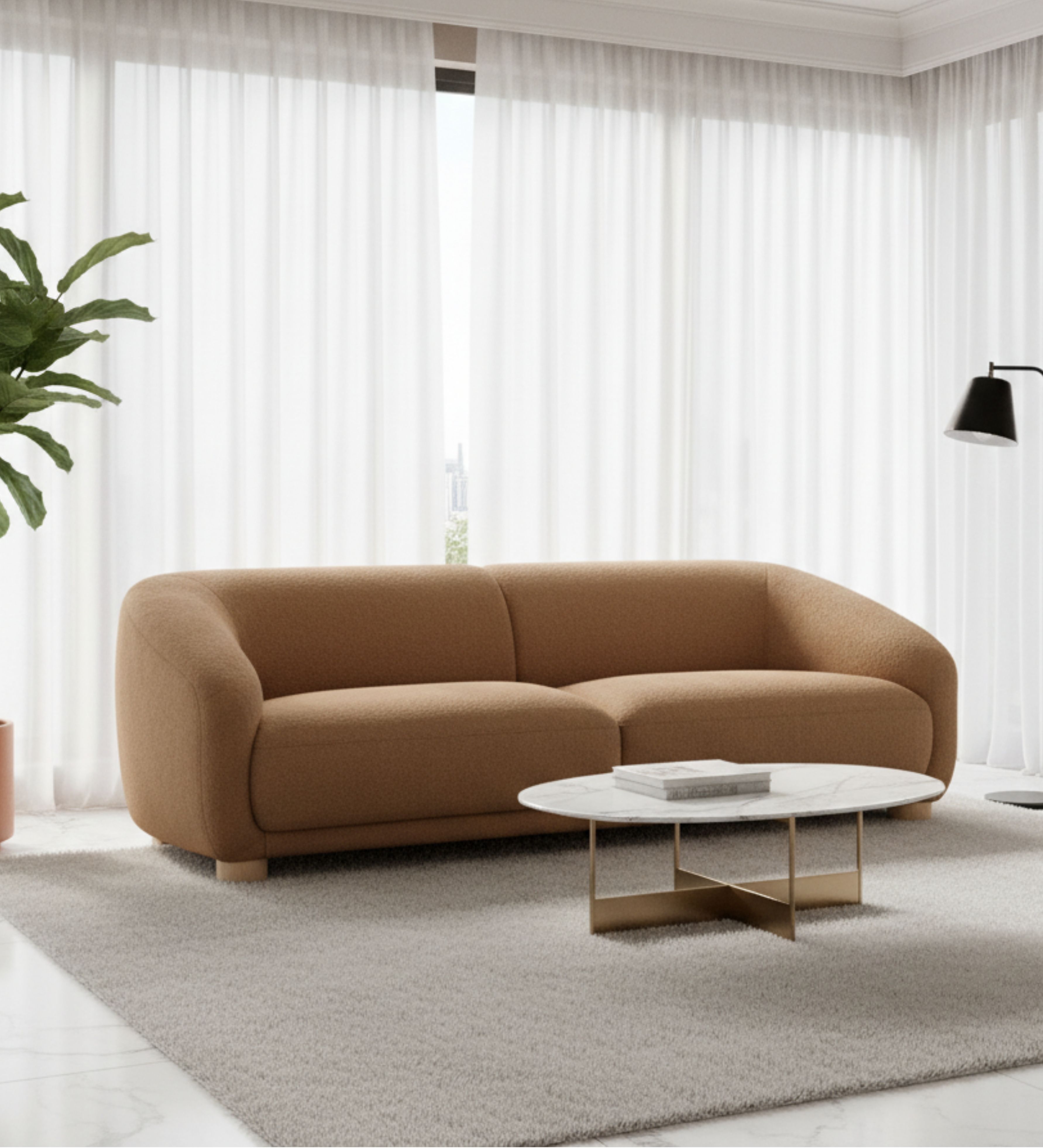 Rounded fabric seating in warm brown tone with low wooden base