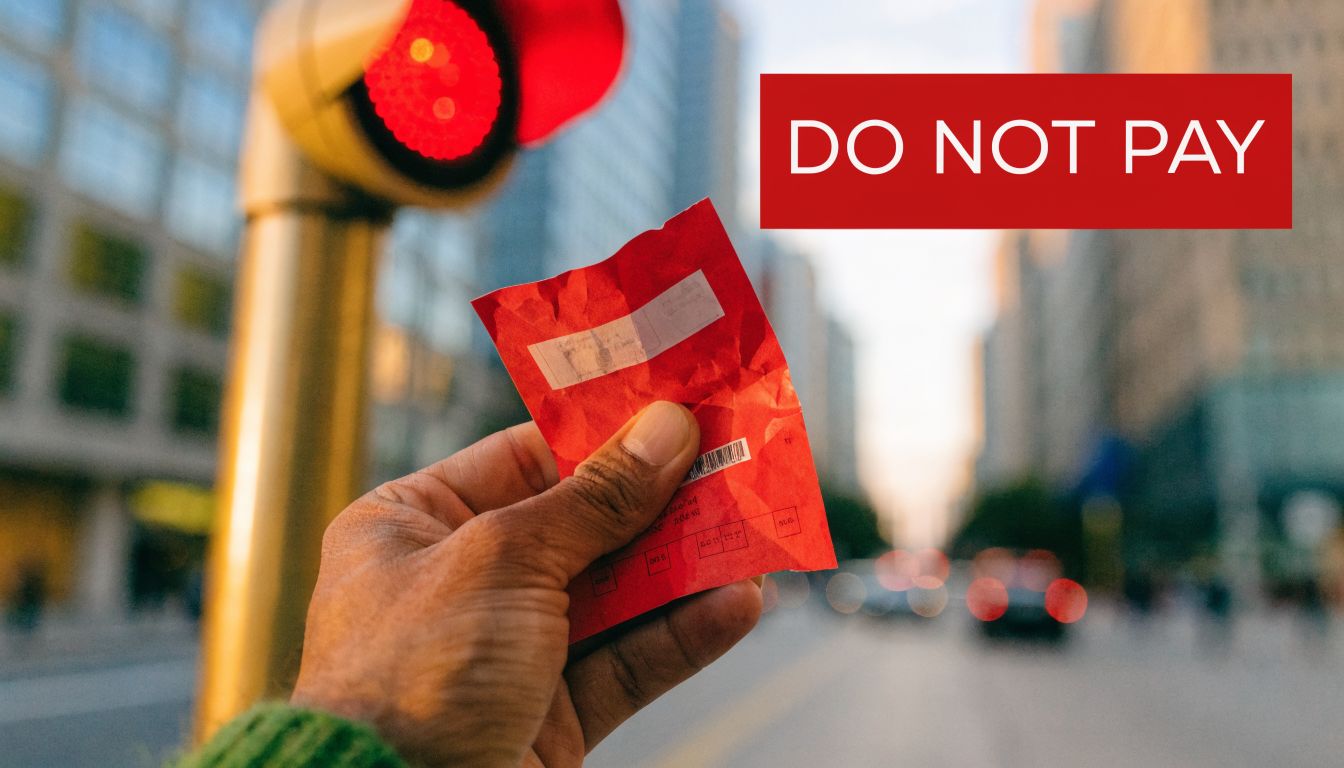 A person holding a red parking ticket in front of a blurred city street and traffic light.