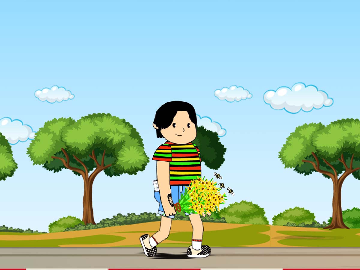 A guy holding flowers walking on the street