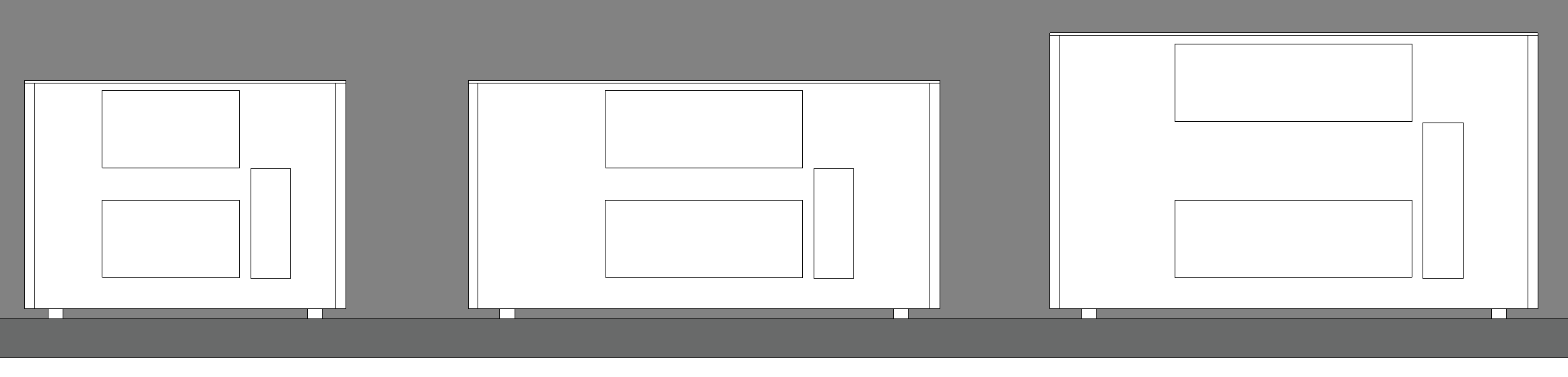 Aldes models E650L, E1100L and E1800L in plan and elevation views. 