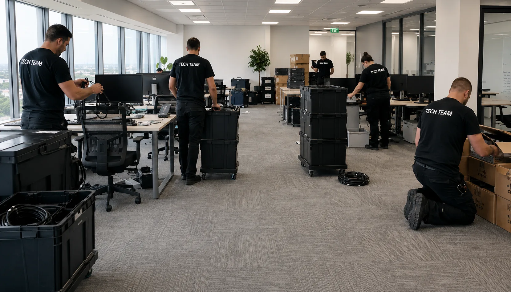IT relocation technicians packing and organizing office computers and equipment during a commercial office move in Vancouver.