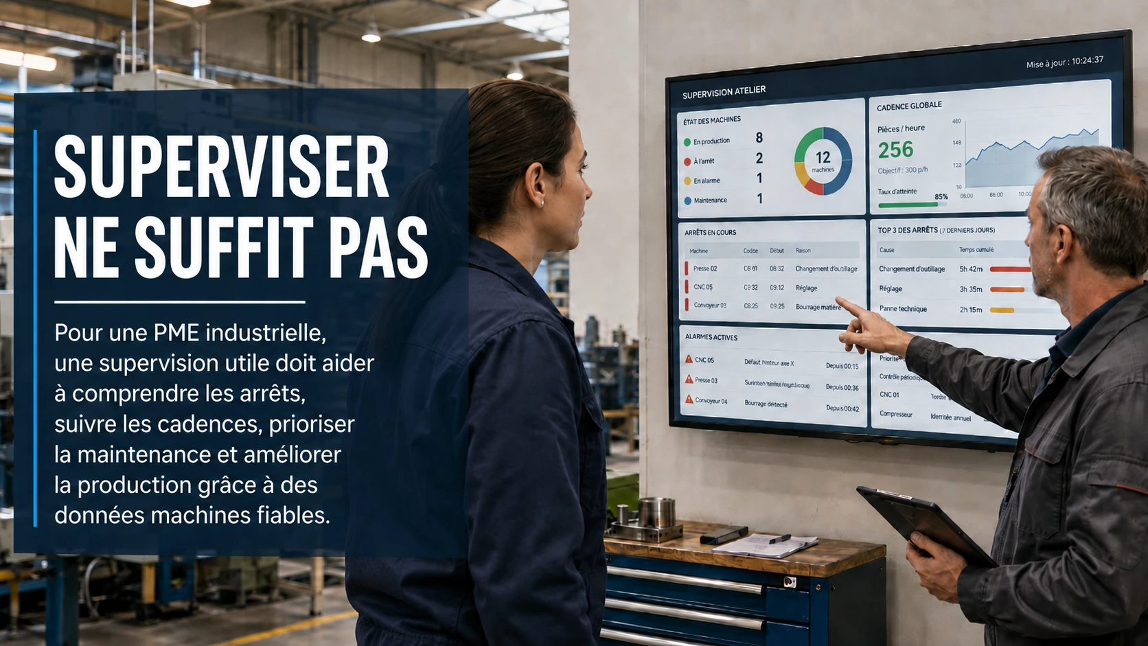 Supervision industrielle pour PME avec données machines, arrêts et indicateurs de production affichés en atelier