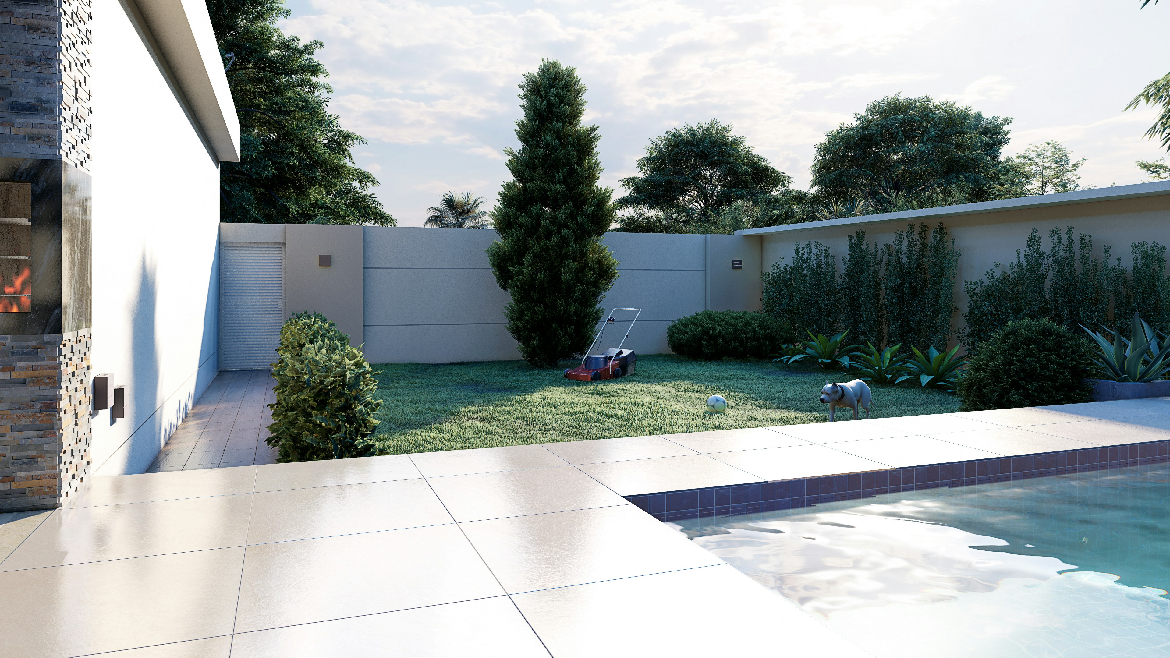 Lumion backyard render with swimming pool, lawn, garden plants, and realistic daylight reflections