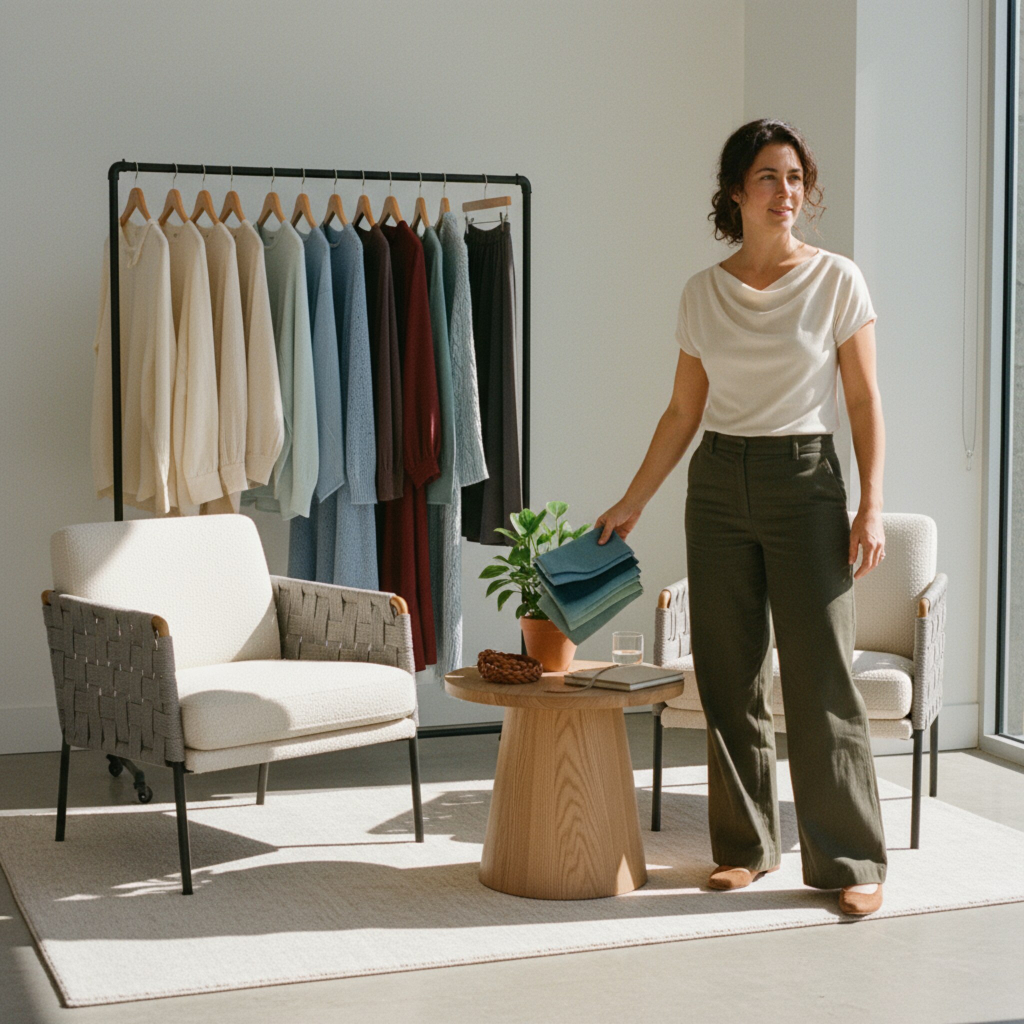 Eine kleine Lounge mit zwei Sesseln, einem Beistelltisch und einem Kleiderständer, auf dem nach Farben abgestimmte Outfits hängen. Eine Beraterin legt Stoffmuster und einen Gürtel bereit. Die Beleuchtung ist weich, der Bereich wirkt einladend. Alles ist vorbereitet für eine persönliche Stilberatung.