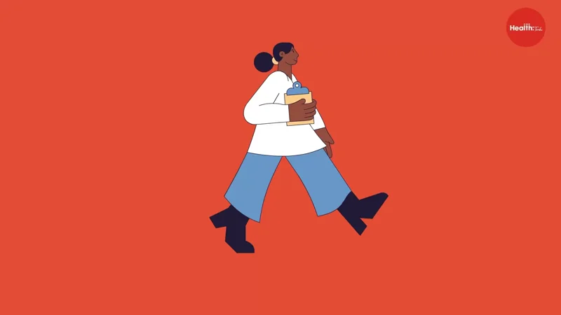 Animated illustration used in WIRED Health Tech content showing a healthcare professional walking across a stylised background.