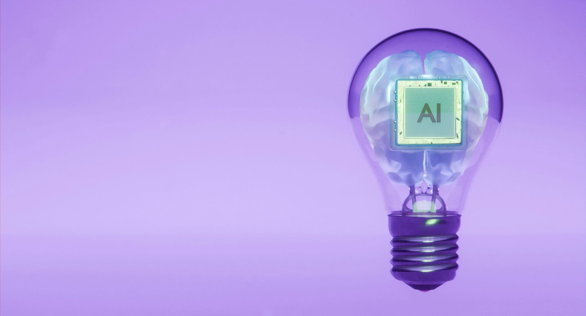processador escrito IA dentro de uma lâmpada flutuando ilustra uma ideia, fundo lilás
