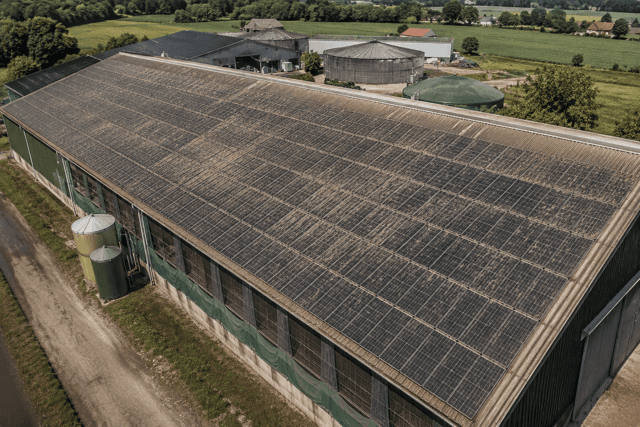 Beispielbild eines Landwirtschaftlichen Betriebes mit verschmutzer PV-Anlage