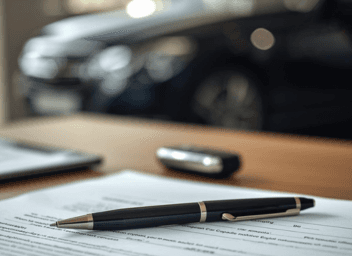 Realistische Nahaufnahme von Vertragsunterlagen zum Autokauf auf einem Holztisch, ein Stift liegt darauf, im unscharfen Hintergrund ein Autoschlüssel und ein Teil eines Fahrzeugs sichtbar, natürliches Licht, seriöse juristische Atmosphäre, minimalistisch, hohe Detailtiefe, hochwertiger Editorial-Stil, kein Text
