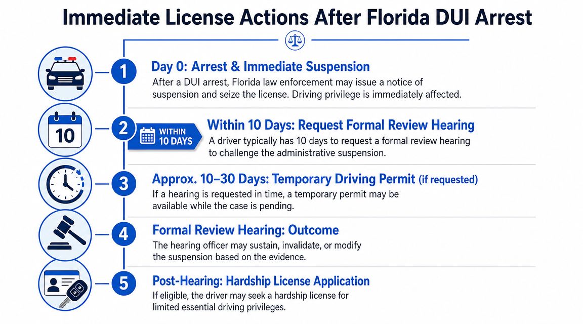 A flowchart detailing the five-step process for immediate license actions following a DUI arrest in Florida.