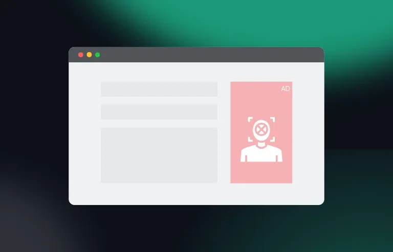 Illustration of a web browser window showing a highlighted advertisement space with a stylized fake human face marked with an ‘X,’ symbolizing a deepfake ad.