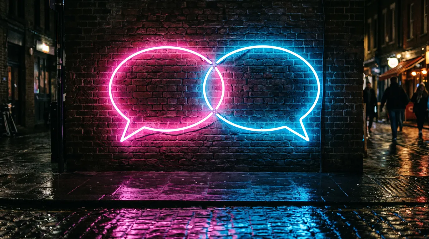 Two neon speech bubbles, one pink and one blue, glowing on a dark brick wall