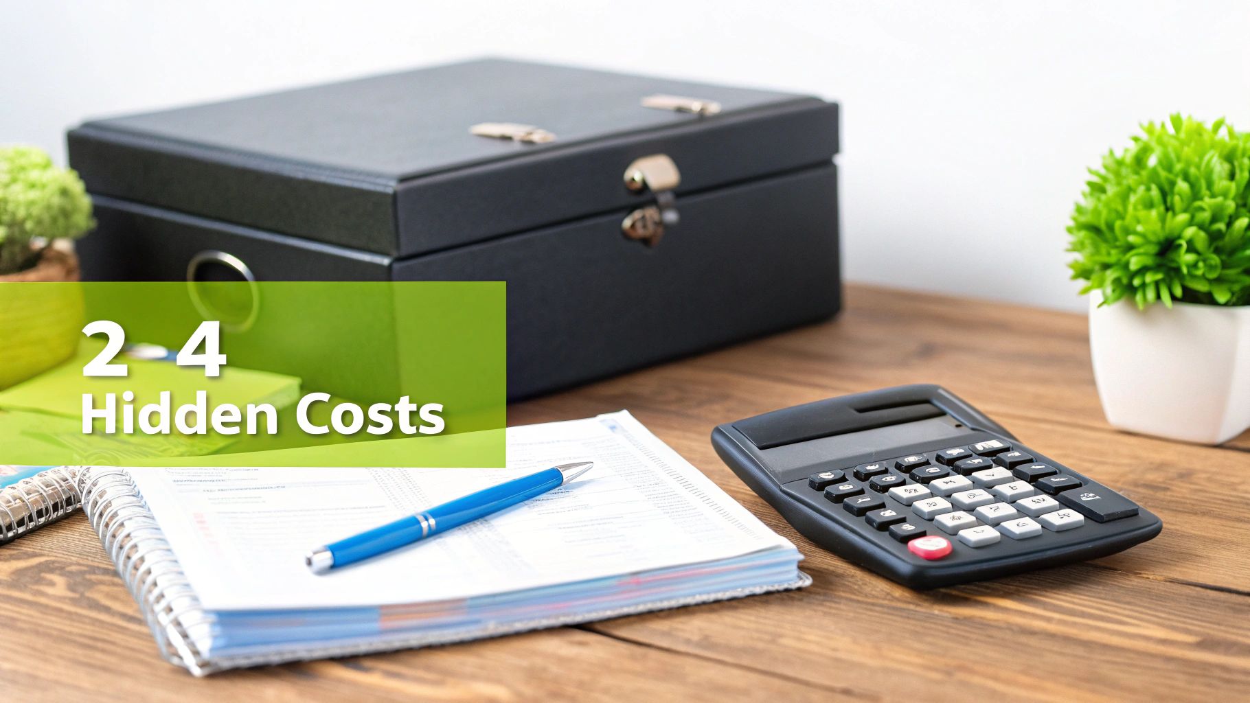 A desk setup with a calculator, notebook, pen, and a black box, featuring text '2-4 Hidden Costs'.