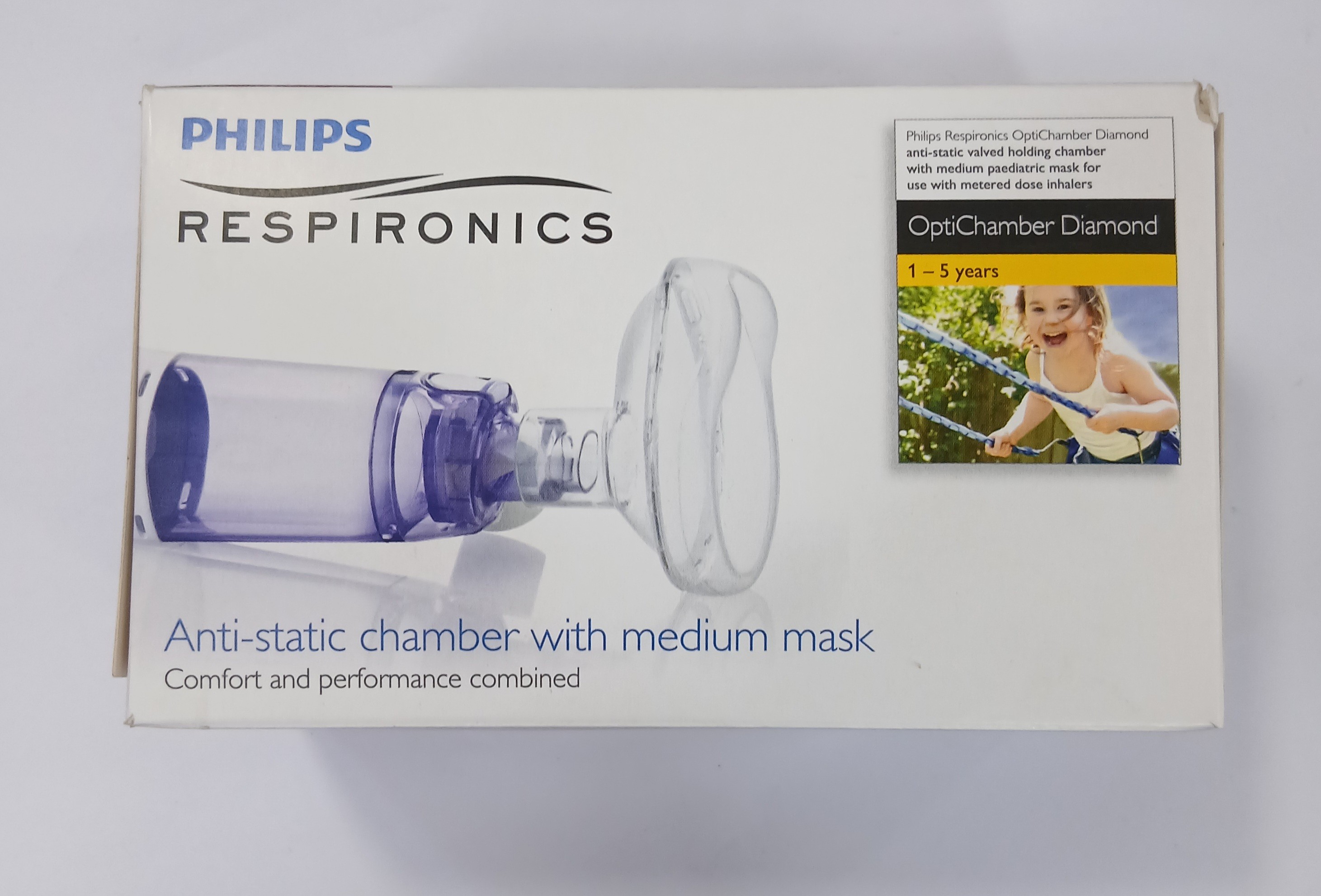 White cardboard packaging displays a clear plastic anti-static chamber with a medium-sized blue-tinted mask attached, alongside an insert showing a person using the device.