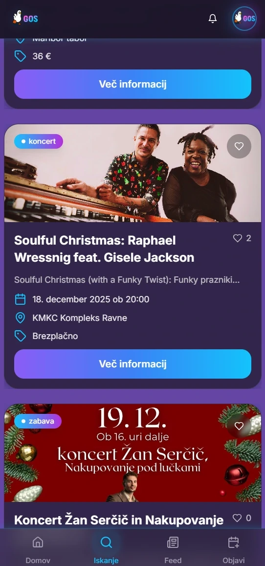 Prikaz izbiranja dogodkov na aplikaciji