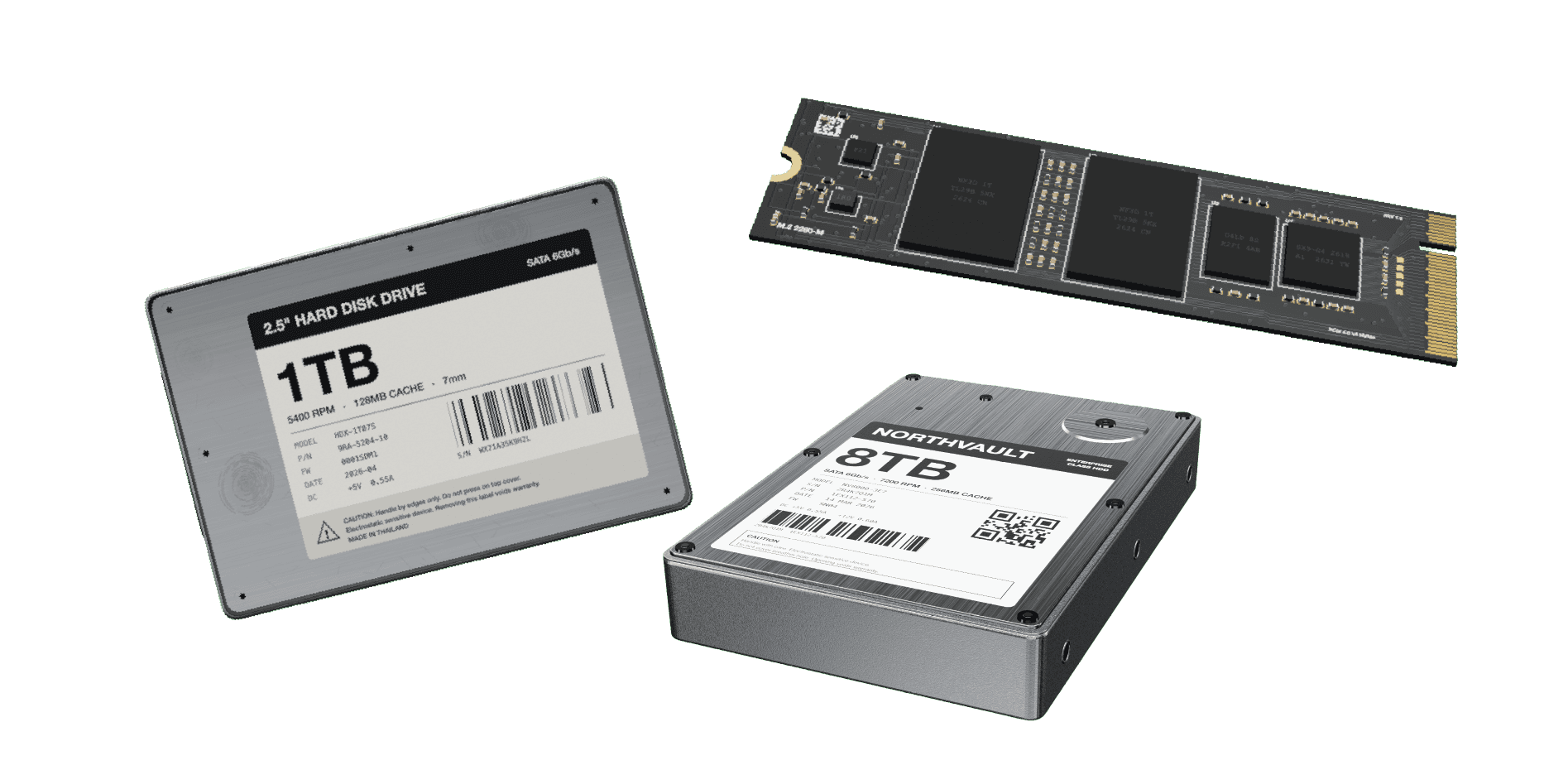 A 1TB 2.5 inch hard drive, an M.2 SSD, and an 8TB Northvault hard drive laid out together