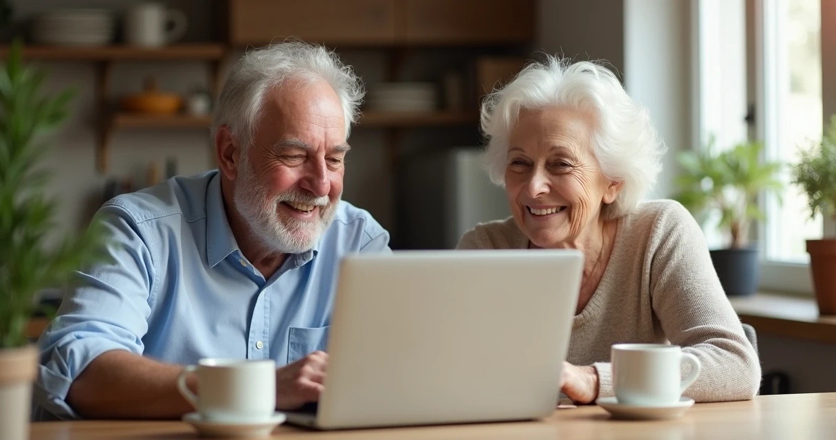 Casal de idosos olhando juntos para um notebook em casa.