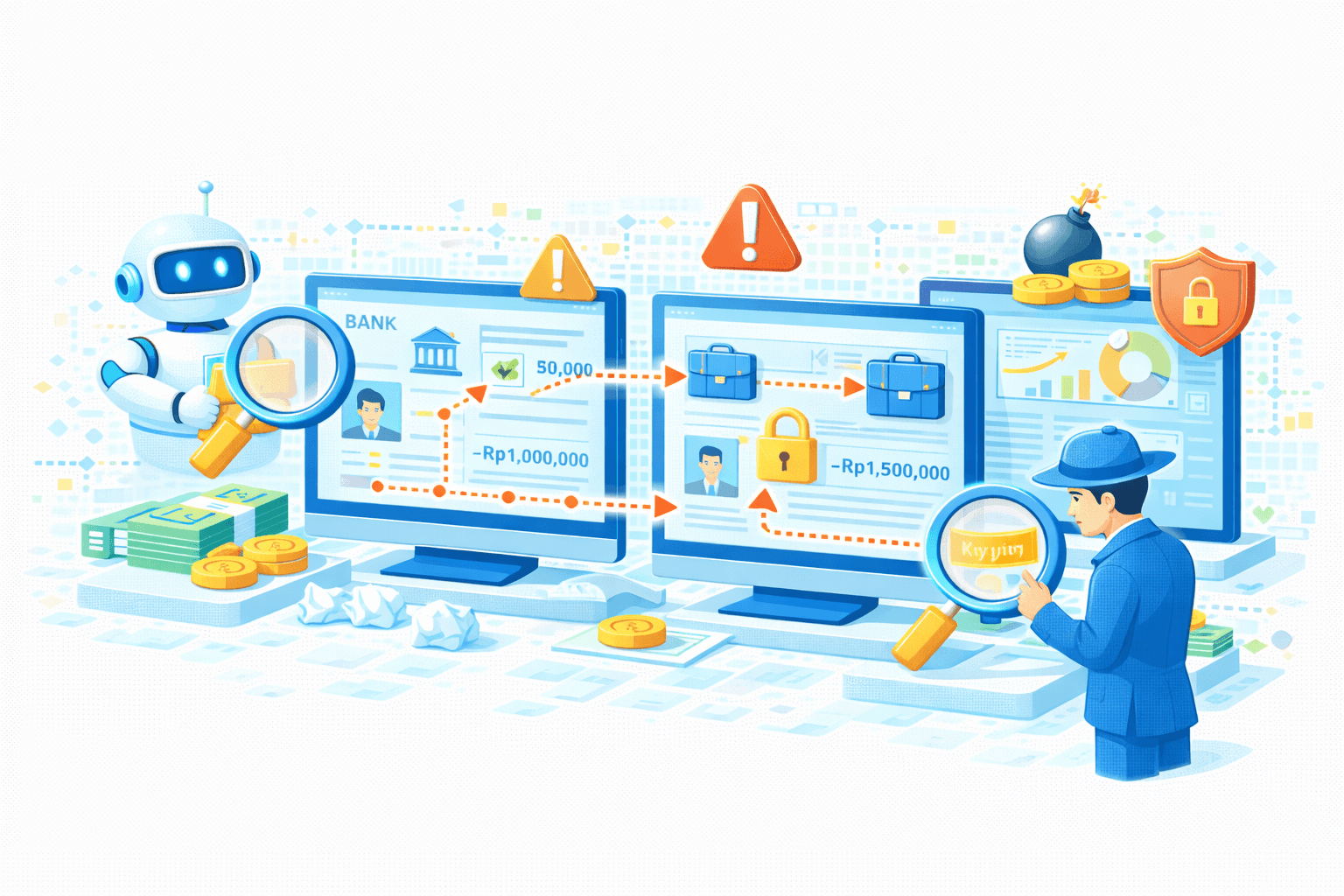 Ilustrasi AI‑assisted transaction monitoring, anomaly detection, dan fraud investigation. Dua monitor perbankan menampilkan profil nasabah dan alur transaksi dengan nilai −Rp1.000.000 dan −Rp1.500.000, dihubungkan panah putus‑putus yang menandakan pergerakan dana lintas akun. Ikon peringatan muncul di atas layar sebagai indikator anomali. Di kiri, AI/robot assistant memegang kaca pembesar untuk analisis otomatis; di kanan, seorang investigator meninjau detail dengan kaca pembesar. Gembok dan perisai menandakan kontrol keamanan dan kepatuhan, sementara uang/koin, grafik tren, dan ikon bom merepresentasikan dampak finansial serta potensi risiko/fraud yang sedang dianalisis. Visual menggambarkan kolaborasi manusia–AI dalam pemantauan, investigasi, dan pengamanan transaksi end‑to‑end.