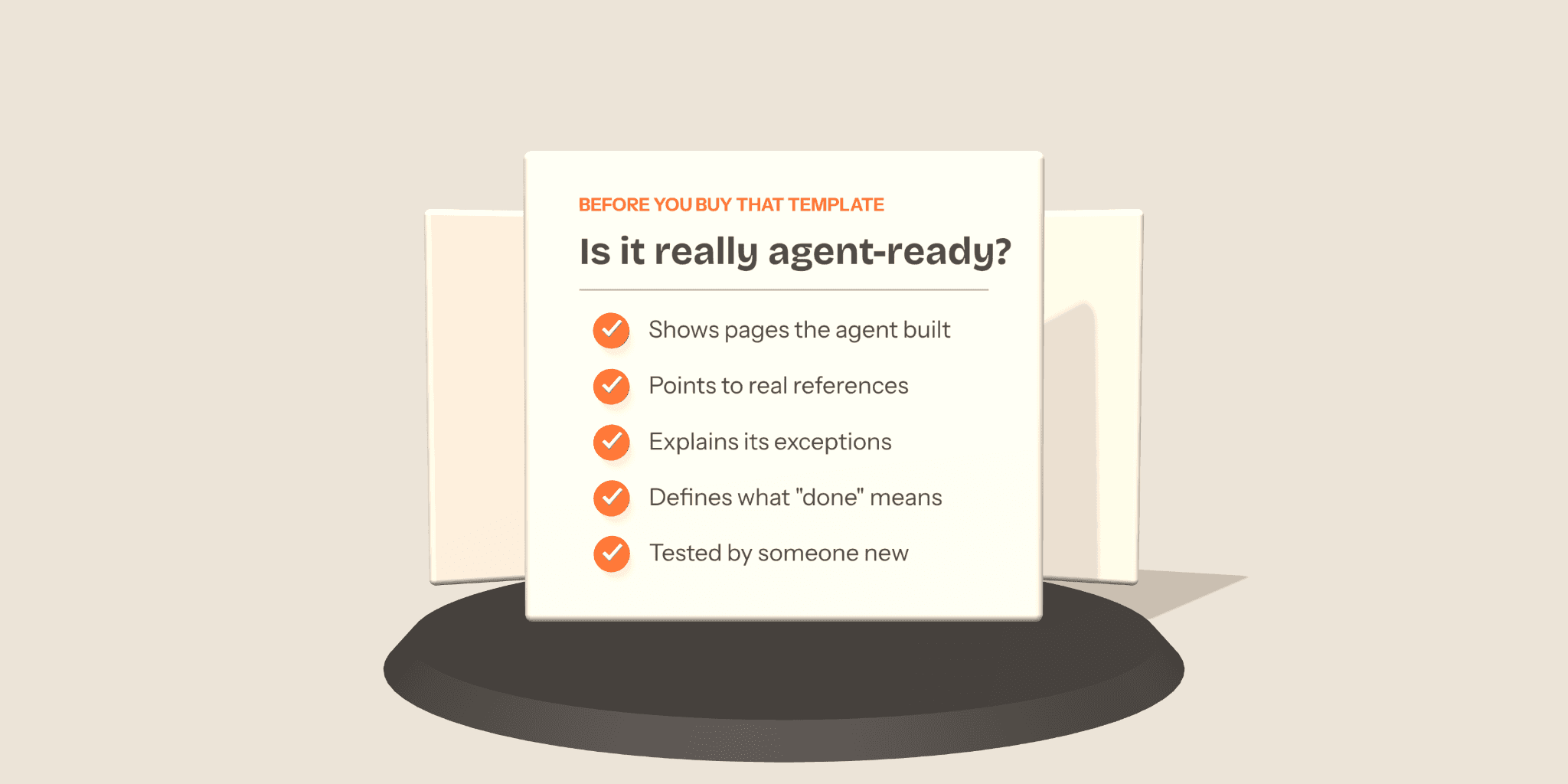 A checklist card titled “Is it really agent-ready?” with five questions to ask before buying a template.