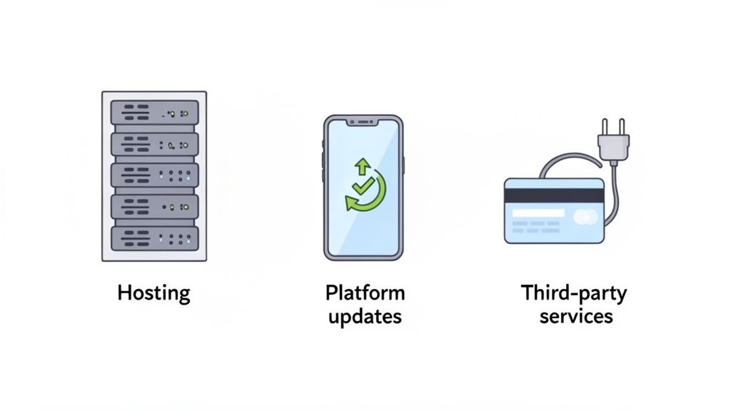 Illustrates three key components of app maintenance costs: hosting, platform updates, and third-party services.