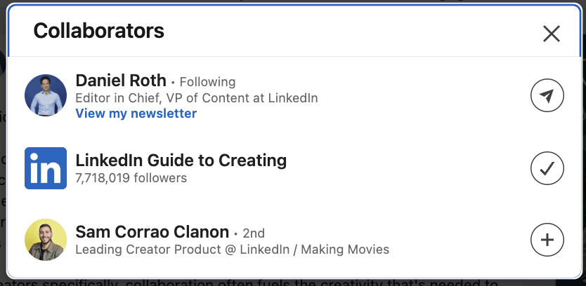 Screenshot of the LinkedIn Collaborators panel showing three co-signers on the same post