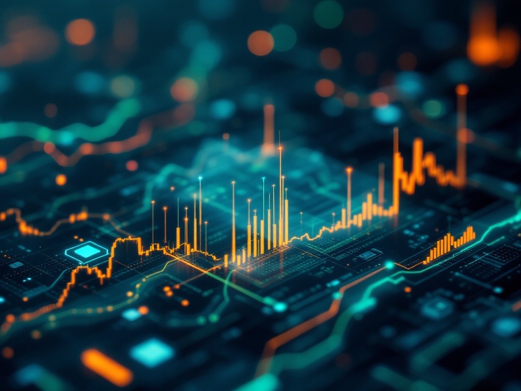 A futuristic circuit board with glowing orange and teal lines, representing data flow and processing. A dynamic graph, also in orange and teal, fluctuates above the board, visualizing real-time data analysis and market trends.