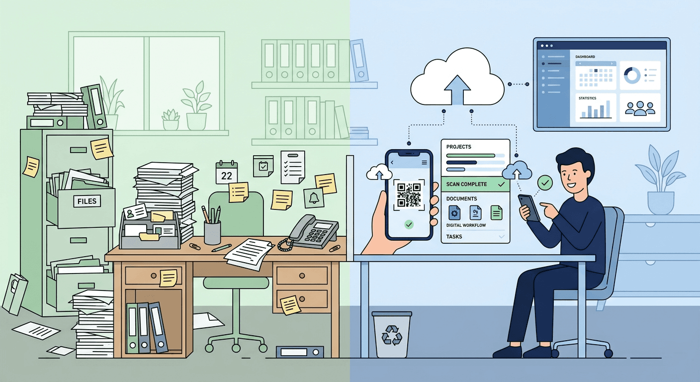 Transition from paper-based workflow to digital paper-light system in a modern office(Habsy business card manager)