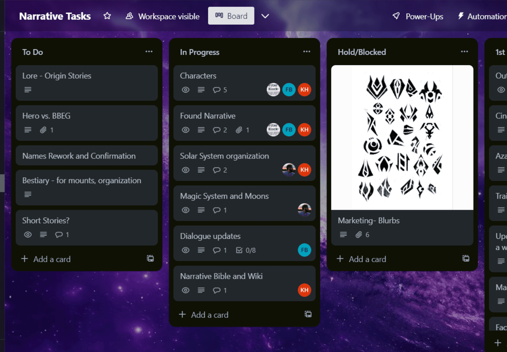 A kanban board on Trello with many tasks and an image of tribal logos for ingame factions.