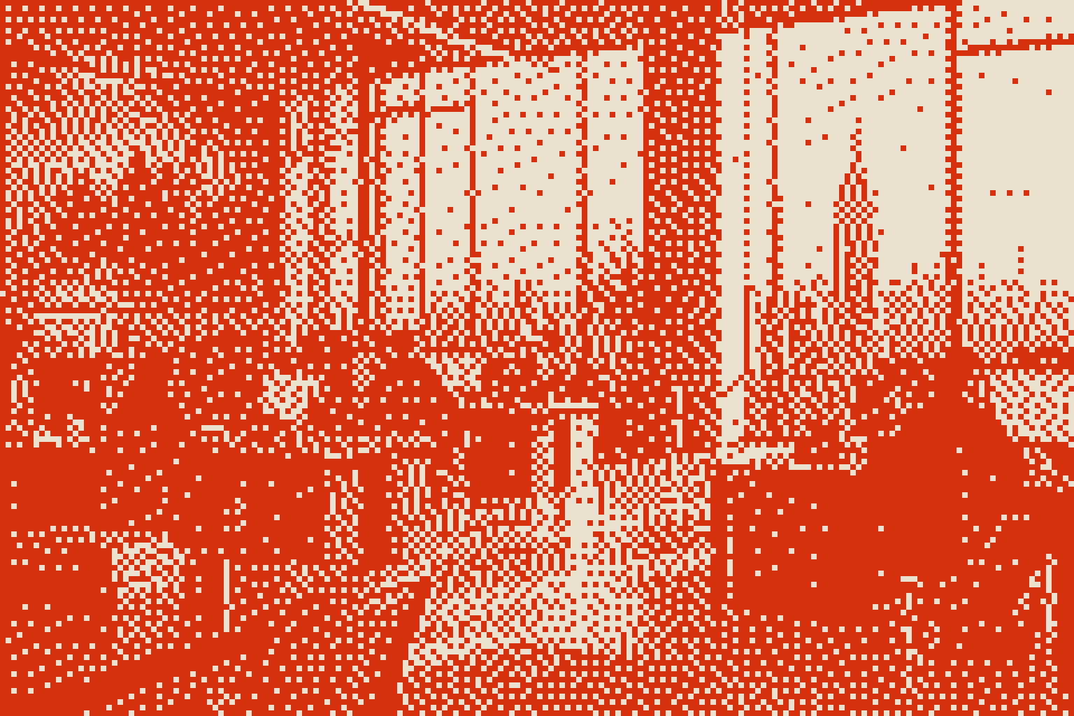 A pixel-dithered Brassworks office overlooking New York