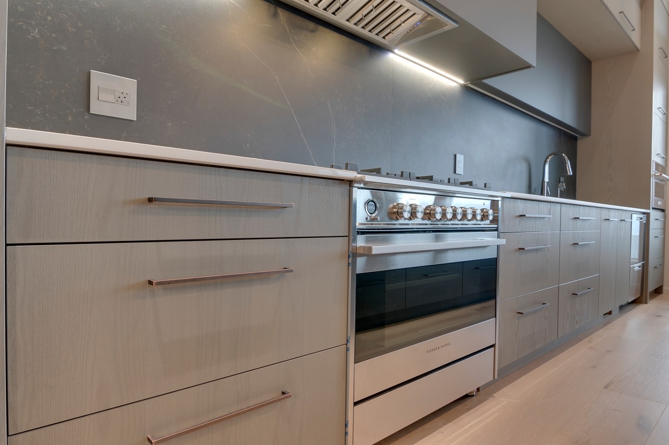 Side angle of kitchen island and lower cabinetry
