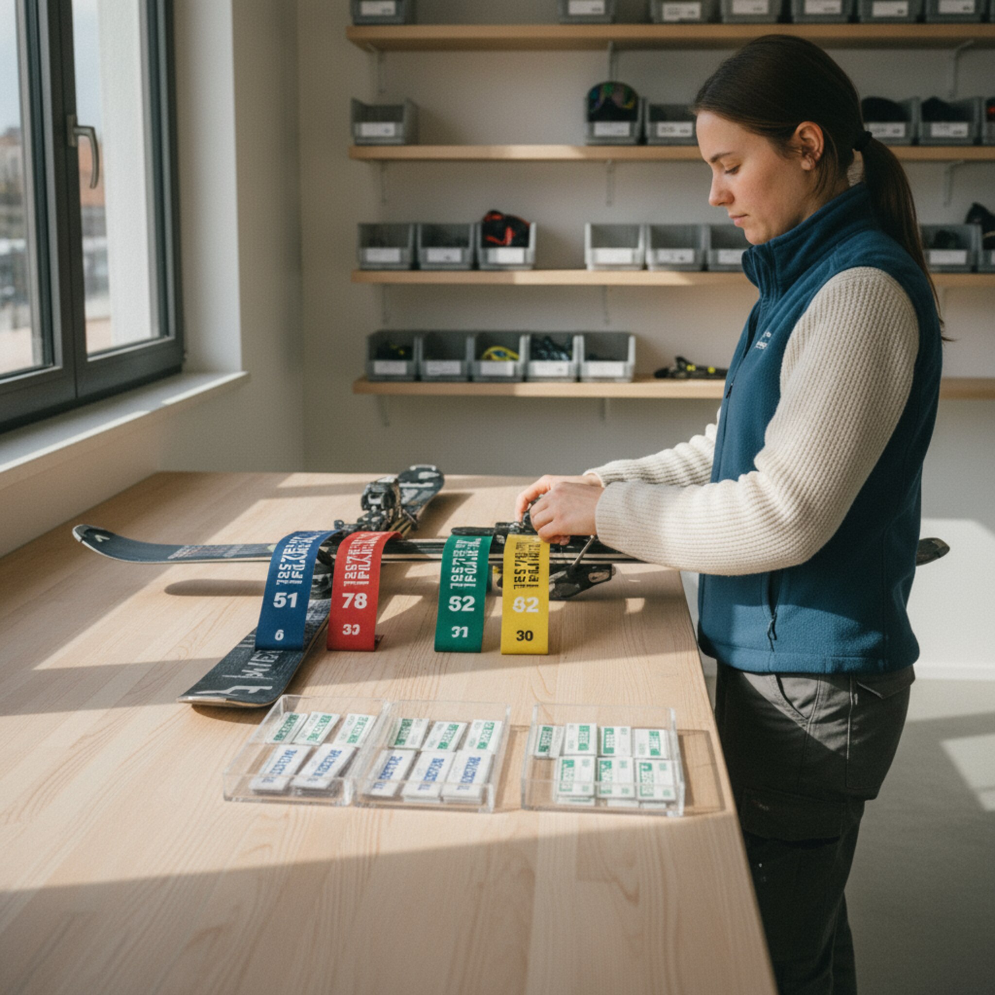 Auf einer Werkbank befestigt eine Mitarbeiterin farbige Tarifbänder und Kautionsmarken an Skiern. Daneben liegen kleine Zusatzetiketten für Versicherung und Helm. Ordnung, klare Farben und sauberes Holz dominieren. Der Ablauf ist routiniert, ohne Hektik, und macht Preise greifbar.