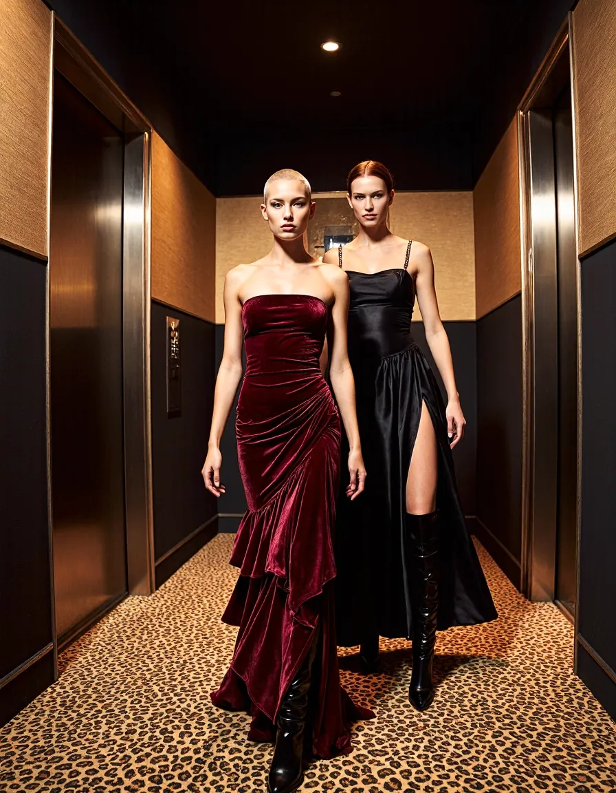 Two models in burgundy velvet and black evening gowns standing in elegant hotel elevator hallway