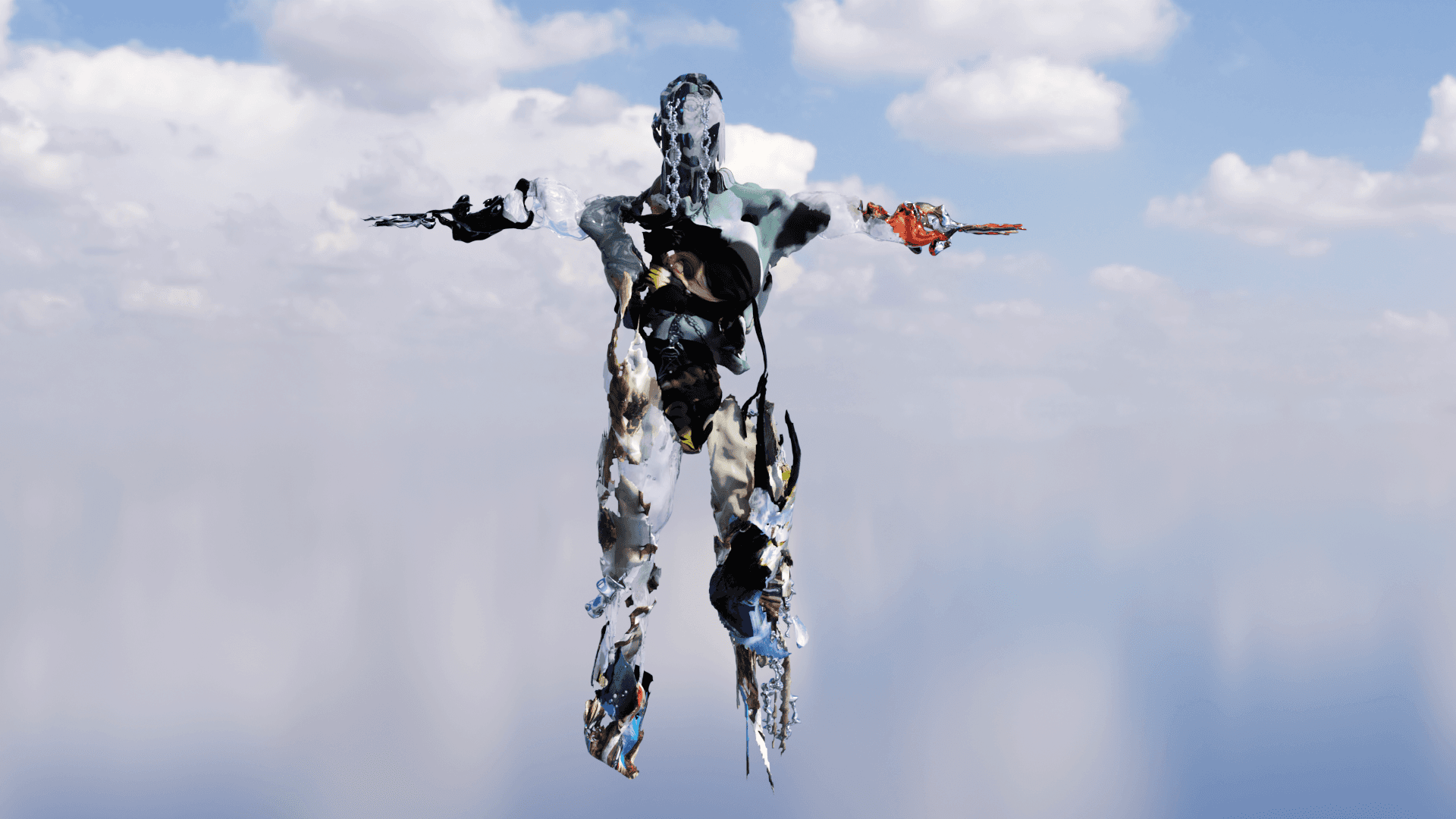 digital sculpture of a futuristic avatar suspended midair in a T-pose, featuring layered chrome, glass-like, and organic textures, with contrasting black and glowing red elements at the hands set against a soft blue sky with scattered clouds.