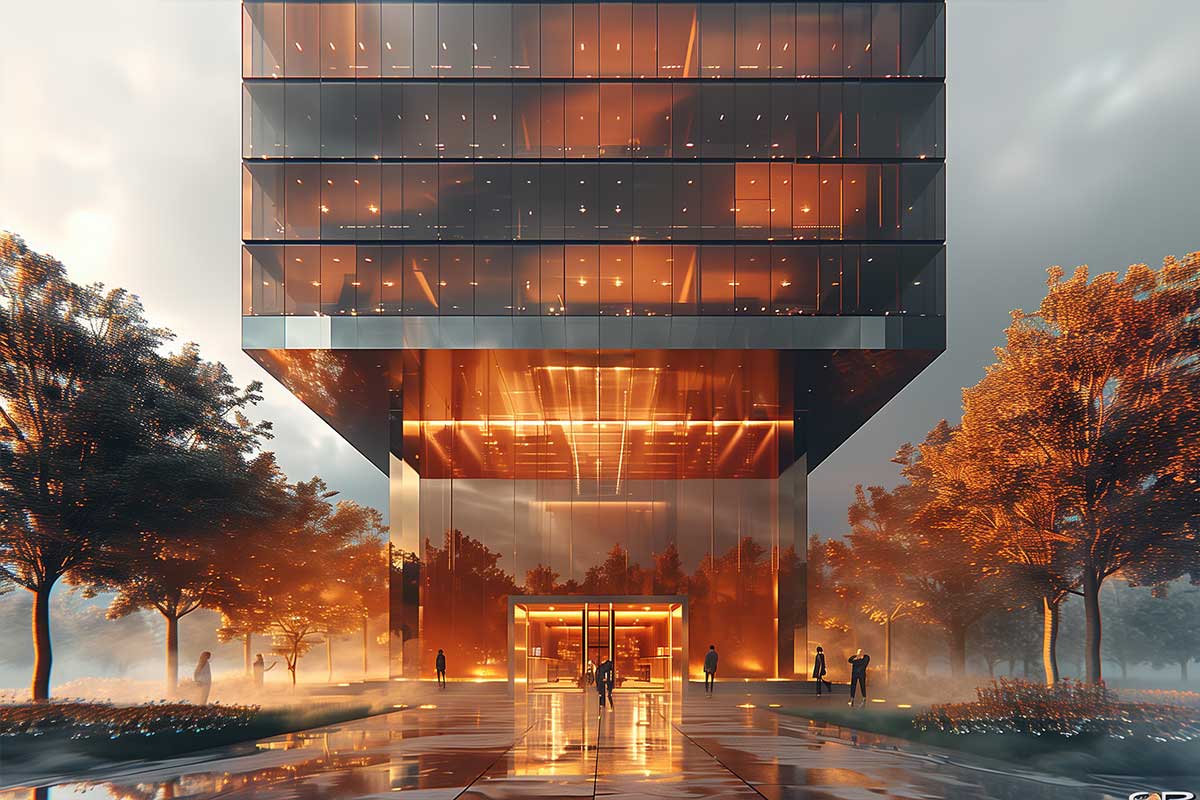 Modern glass building with illuminated entrance and trees at dusk