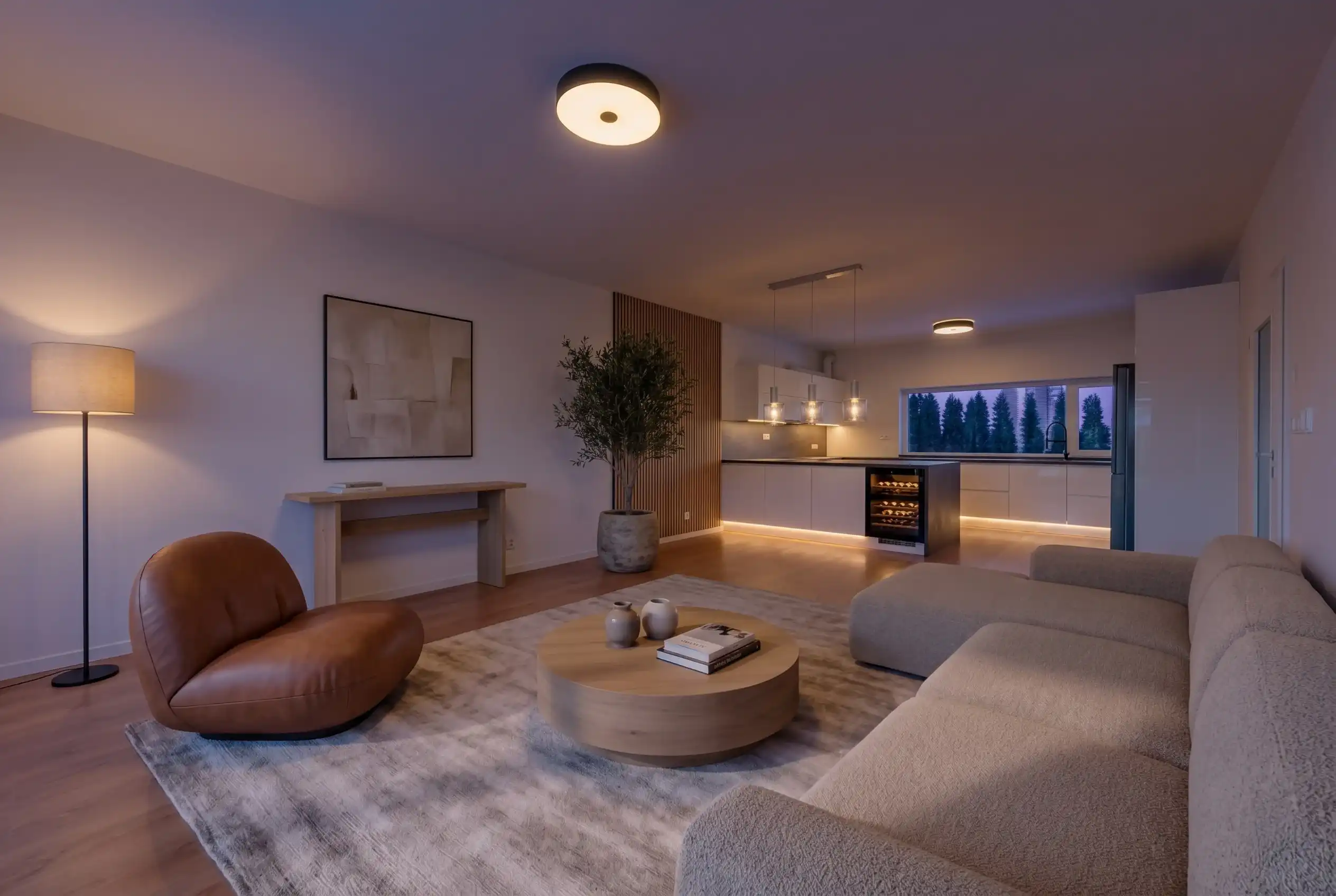 dusk virtually staged modern villa interior